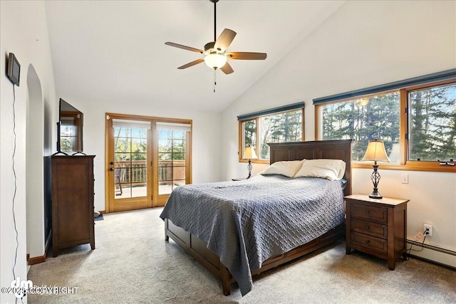 bedroom featuring access to outside, a baseboard heating unit, light colored carpet, high vaulted ceiling, and a ceiling fan