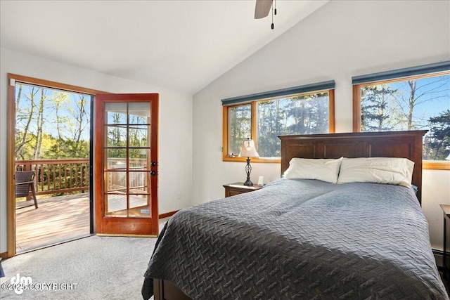 bedroom with access to outside, vaulted ceiling, multiple windows, carpet, and ceiling fan