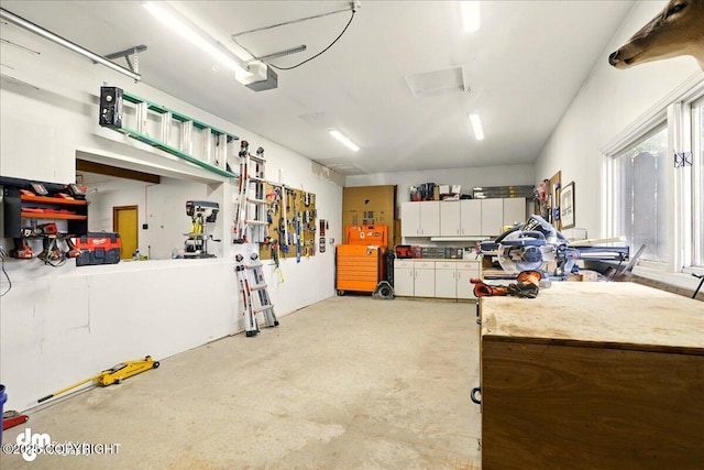 garage featuring a workshop area and a garage door opener
