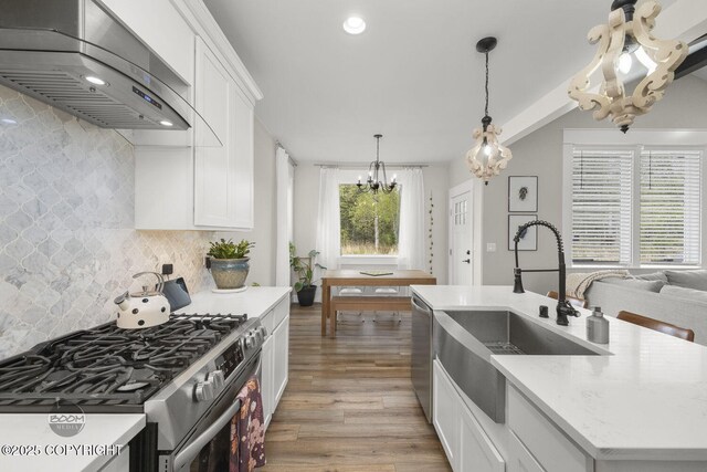 3589 N Magnolia Cir, Wasilla, AK 99654 - kitchen with appliances with stainless steel finishes, wall chimney exhaust hood, a sink, a chandelier, and wood finished floors