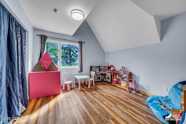 6010 Staedem Dr, Anchorage, AK 99504 - recreation room featuring wood finished floors and lofted ceiling
