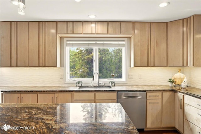 3833 Eastwind Dr, Anchorage, AK 99516 - kitchen with stainless steel dishwasher, light brown cabinetry, a sink, tasteful backsplash, and recessed lighting