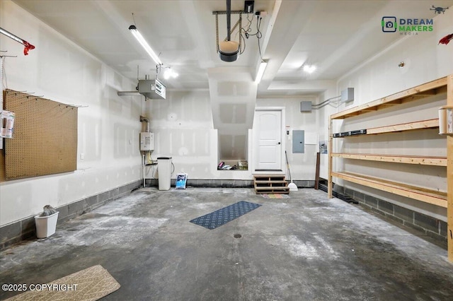7782 W Arlie Rd, Wasilla, AK 99623 - garage featuring a garage door opener, electric panel, and water heater