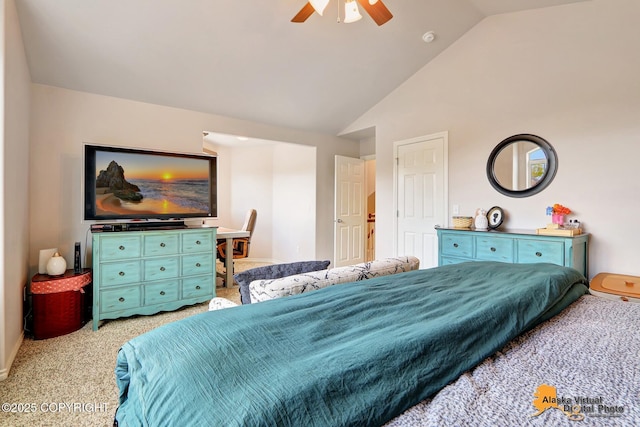 bedroom featuring carpet flooring, ceiling fan, and high vaulted ceiling