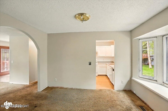 empty room with arched walkways, light colored carpet, and a textured ceiling