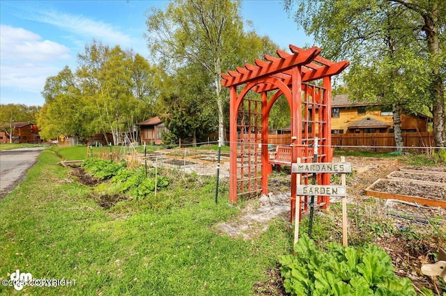 view of play area with fence and a garden