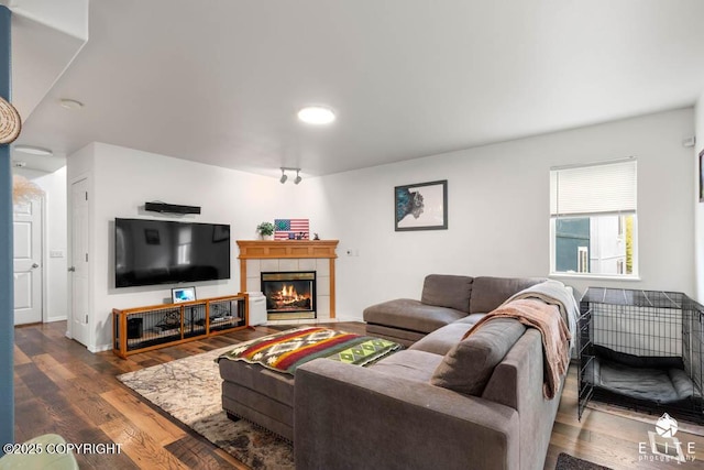 living room featuring wood finished floors, a tile fireplace, and baseboards