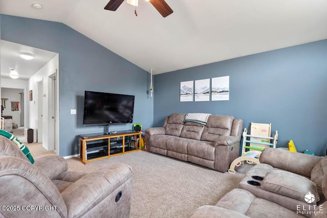 carpeted living area featuring ceiling fan and vaulted ceiling