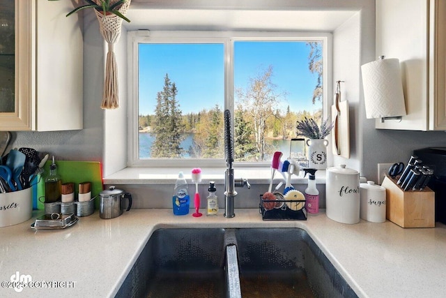 kitchen featuring a sink, light countertops, and glass insert cabinets
