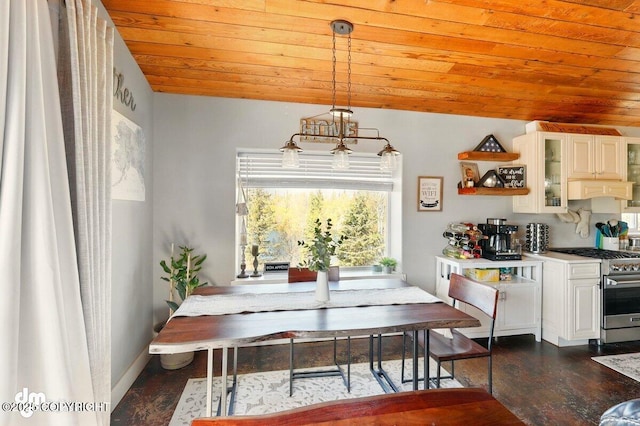 dining room featuring wooden ceiling and dark wood-style floors