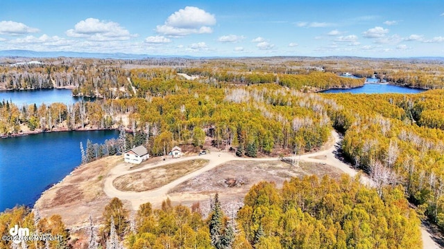 aerial view of property and surrounding area featuring a heavily wooded area and a nearby body of water