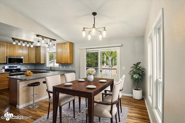 9033 W Parkview Terrace Loop, Eagle River, AK 99577 - dining room featuring dark wood finished floors, a chandelier, plenty of natural light, lofted ceiling, and baseboards