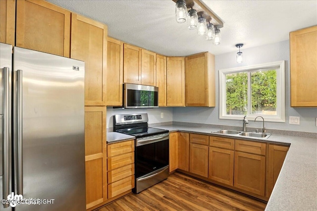 9033 W Parkview Terrace Loop, Eagle River, AK 99577 - kitchen featuring appliances with stainless steel finishes, a sink, dark wood-style flooring, a textured ceiling, and light countertops