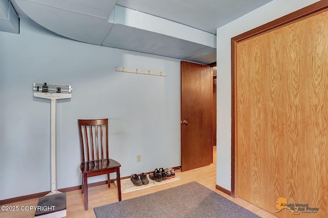below grade area with light wood finished floors and baseboards