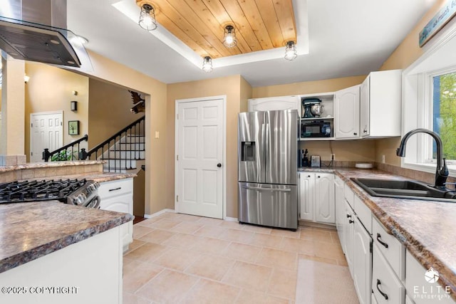 kitchen featuring appliances with stainless steel finishes, a sink, white cabinets, a raised ceiling, and wood ceiling