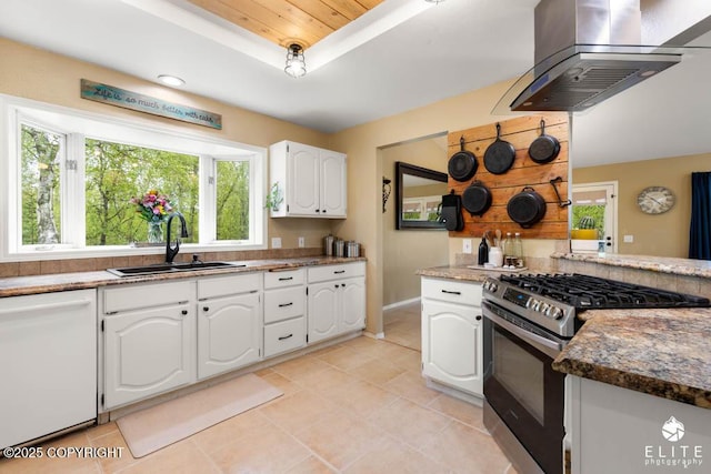 kitchen featuring stainless steel range with gas stovetop, a sink, wall chimney range hood, dishwasher, and healthy amount of natural light