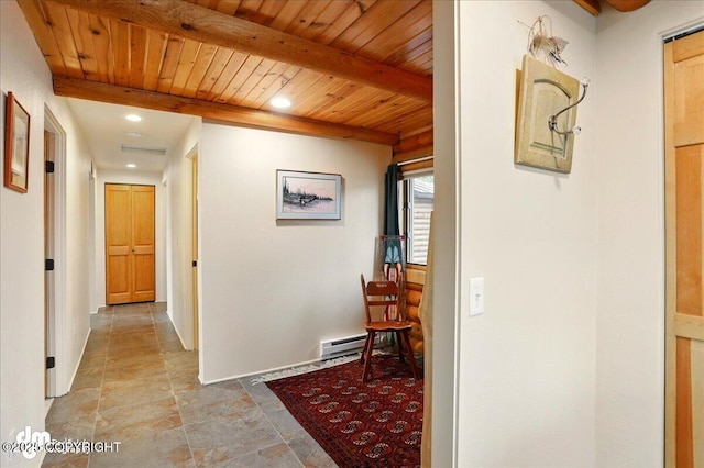 hallway featuring wooden ceiling, beamed ceiling, light stone finish floors, baseboard heating, and recessed lighting