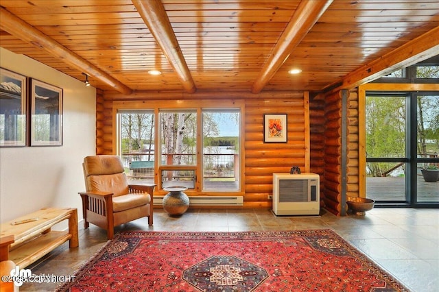 sitting room featuring wood ceiling, log walls, beamed ceiling, tile patterned floors, and heating unit