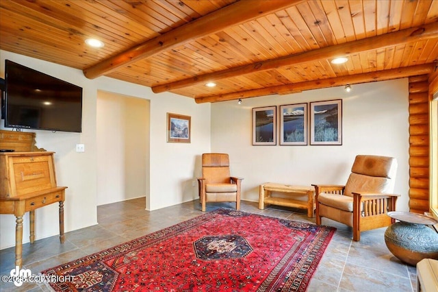 sitting room featuring wood ceiling and beam ceiling