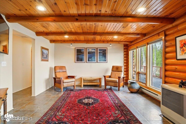 living area featuring log walls, wood ceiling, a baseboard radiator, stone finish floors, and heating unit