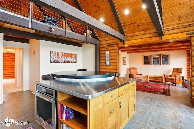 kitchen with stainless steel countertops, oven, wood ceiling, log walls, and open shelves