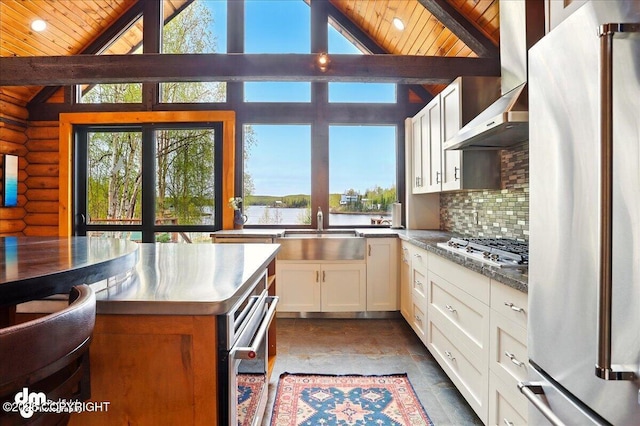 kitchen featuring wood ceiling, stainless steel appliances, a sink, healthy amount of natural light, and white cabinetry