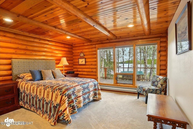 bedroom with wood ceiling, beamed ceiling, carpet flooring, a baseboard heating unit, and recessed lighting