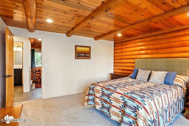 bedroom featuring beam ceiling, rustic walls, wooden ceiling, and carpet