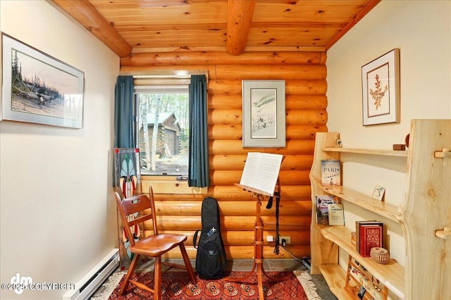 living area with wooden ceiling, baseboard heating, rustic walls, beam ceiling, and baseboards