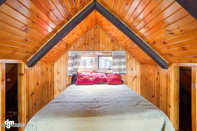 bedroom with wooden ceiling and wood walls