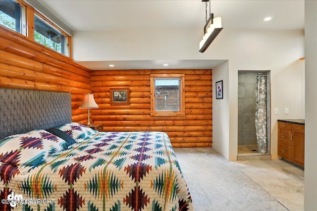 bedroom featuring recessed lighting, rustic walls, and light carpet