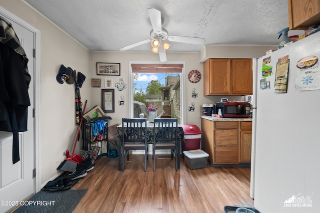 4207 Cope St, Anchorage, AK 99503 - dining space with light wood-style flooring, a ceiling fan, and a textured ceiling