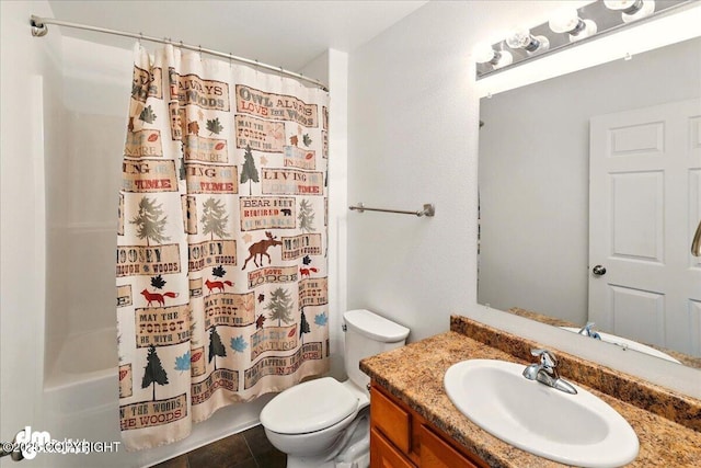 273 S Legacy Loop, Soldotna, AK 99669 - full bathroom featuring toilet, vanity, shower / bath combination with curtain, and tile patterned floors