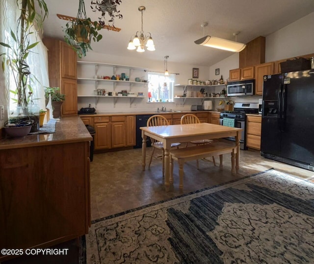 kitchen with black appliances, open shelves, a chandelier, vaulted ceiling, and hanging light fixtures