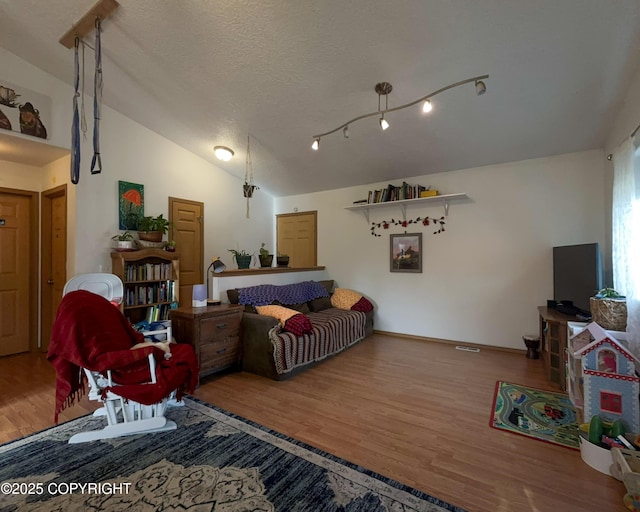 living area with wood finished floors, vaulted ceiling, and a textured ceiling