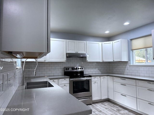 2321 Selief Ln, Kodiak, AK 99615 - kitchen with stainless steel range with electric cooktop, a sink, under cabinet range hood, white cabinetry, and recessed lighting