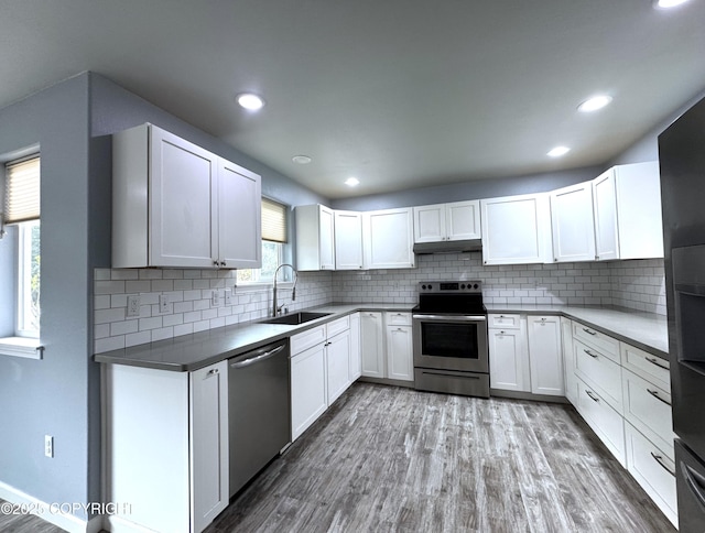 2321 Selief Ln, Kodiak, AK 99615 - kitchen featuring stainless steel appliances, a sink, under cabinet range hood, tasteful backsplash, and wood finished floors
