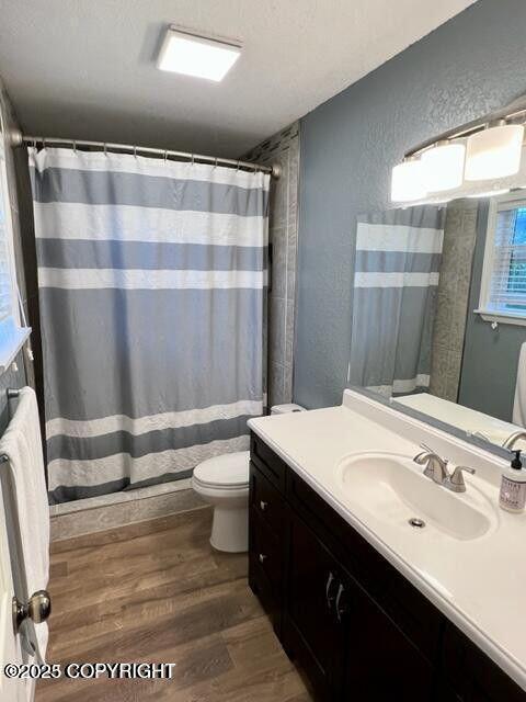 bathroom with a textured wall, toilet, wood finished floors, vanity, and curtained shower