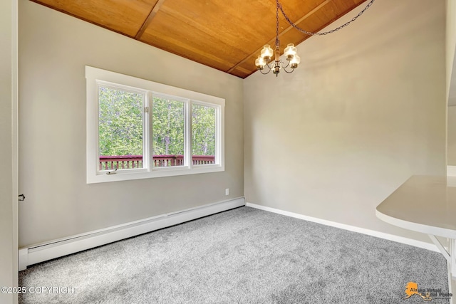 carpeted spare room with a baseboard heating unit, wood ceiling, lofted ceiling, a chandelier, and baseboards