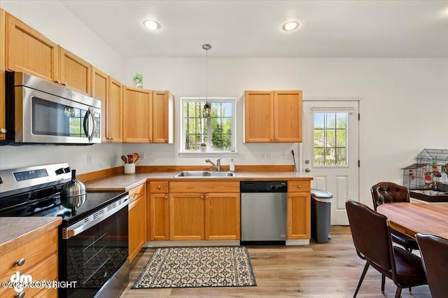 6744 Bogle Bluff Dr, Wasilla, AK 99623 - kitchen with stainless steel appliances, a sink, light wood-style floors, healthy amount of natural light, and recessed lighting