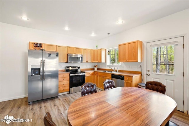 6744 Bogle Bluff Dr, Wasilla, AK 99623 - kitchen featuring appliances with stainless steel finishes, healthy amount of natural light, light wood finished floors, and recessed lighting