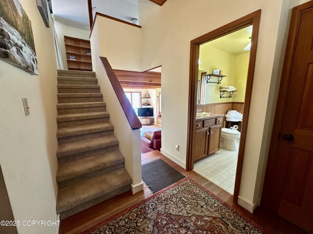 1581 Jade Dr, Homer, AK 99603 - staircase with wood finished floors and wainscoting