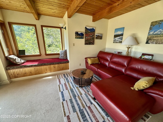 1581 Jade Dr, Homer, AK 99603 - carpeted living room featuring wooden ceiling with exposed beams and baseboards