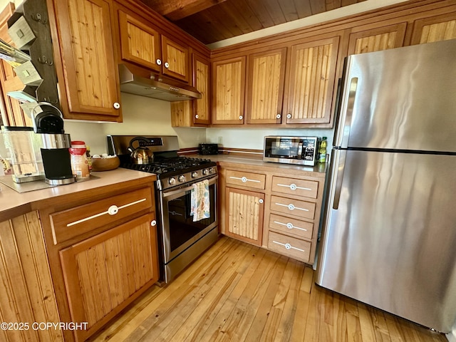 1581 Jade Dr, Homer, AK 99603 - kitchen with appliances with stainless steel finishes, under cabinet range hood, wooden ceiling, light wood-style flooring, and brown cabinets