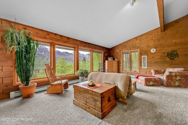 26266 Vallihi Cir, Eagle River, AK 99577 - carpeted living room with vaulted ceiling and wooden walls