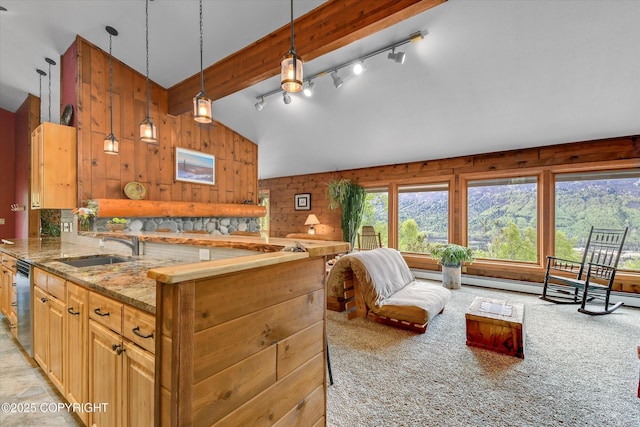 26266 Vallihi Cir, Eagle River, AK 99577 - kitchen featuring light stone countertops, dishwasher, a sink, track lighting, and pendant lighting
