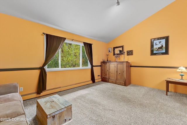 26266 Vallihi Cir, Eagle River, AK 99577 - carpeted living room with vaulted ceiling and a baseboard radiator
