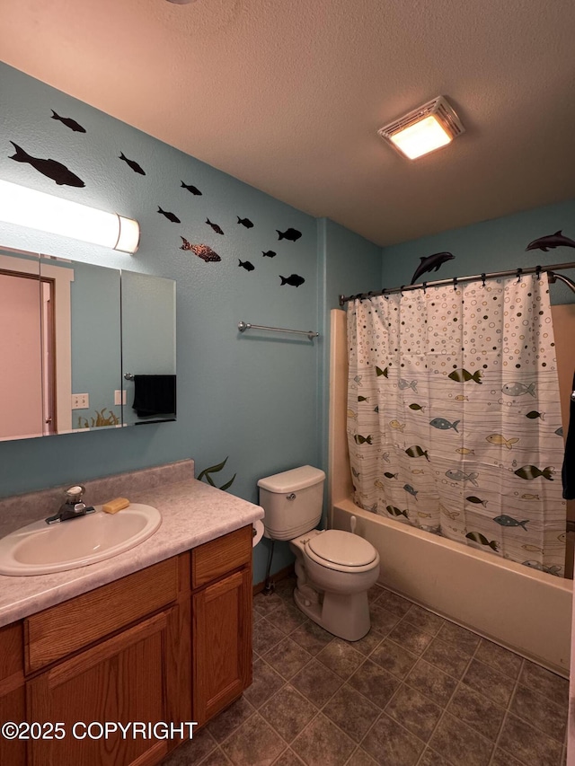33325 Vinewood Ln, Seward, AK 99664 - bathroom with a textured ceiling, toilet, vanity, and shower / tub combo