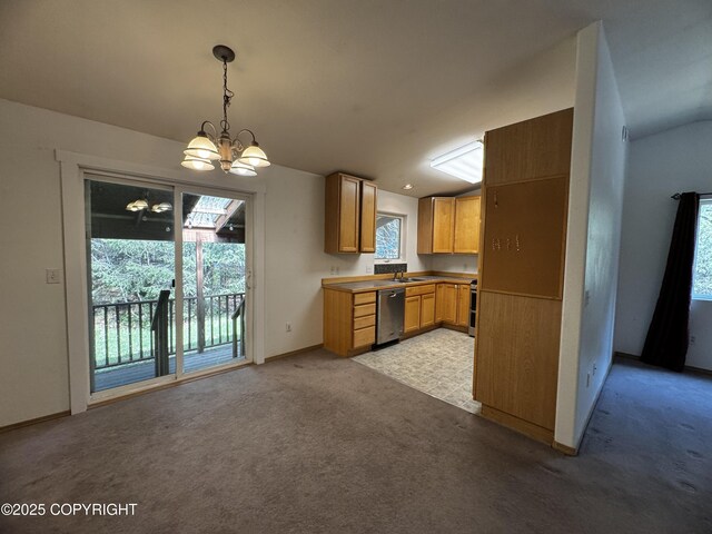 33325 Vinewood Ln, Seward, AK 99664 - kitchen featuring stainless steel dishwasher, a sink, a chandelier, light carpet, and hanging light fixtures