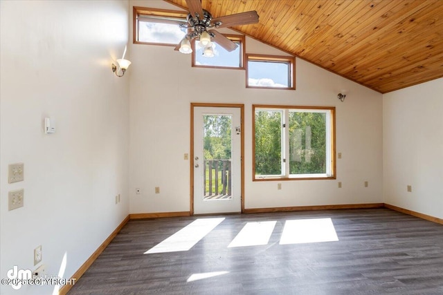 14184 W Jojoba Rd, Big Lake, AK 99623 - empty room with healthy amount of natural light, a ceiling fan, wooden ceiling, wood finished floors, and high vaulted ceiling